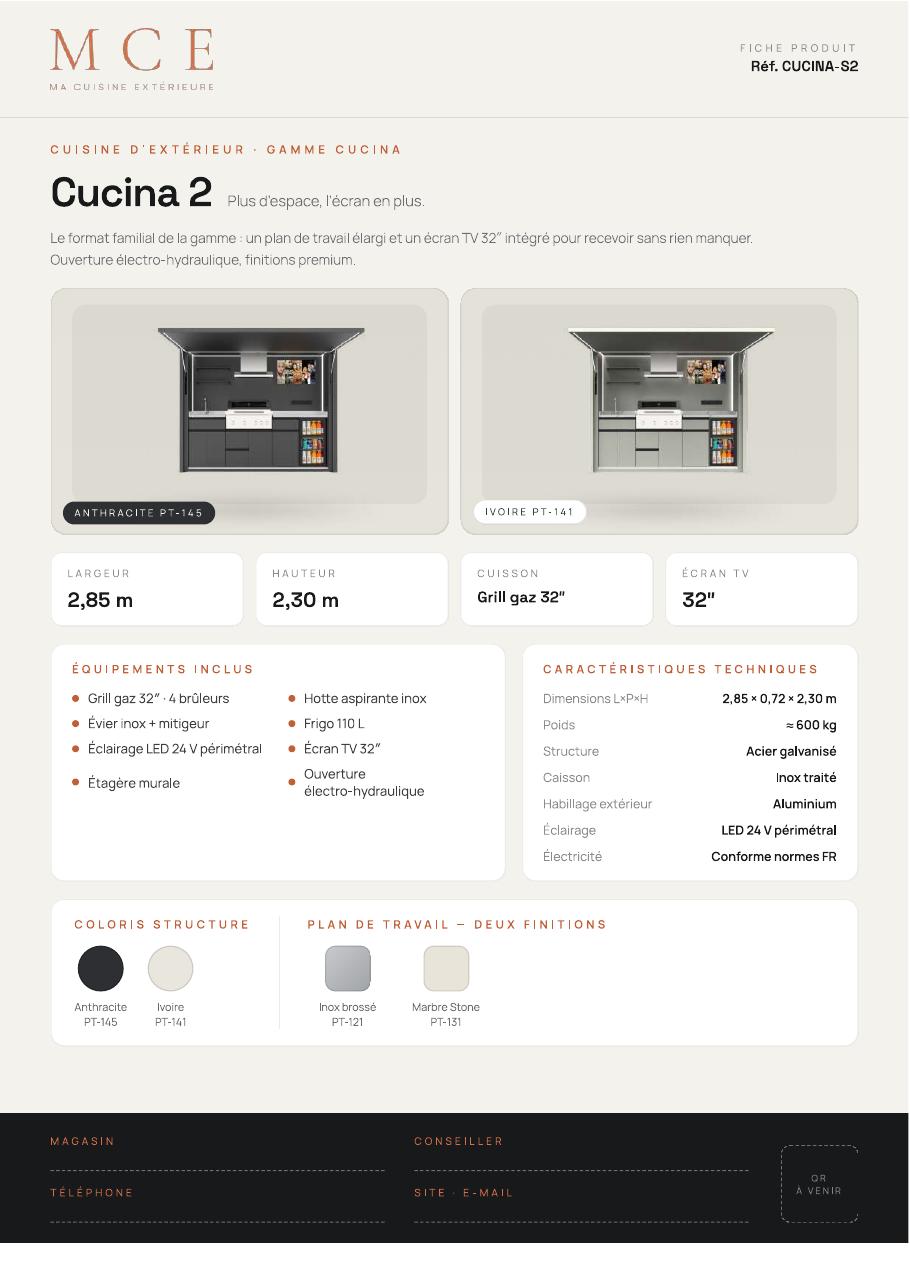 Couverture du catalogue Cucina 2 — cuisine extérieure familiale avec écran TV